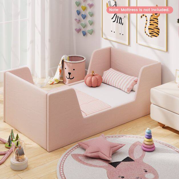 Soft Velvet Fabric Upholstered Children Floor Bed Frame-Pink