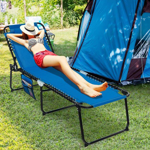 Sun lounger with headrest and side pocket, foldable garden lounger with adjustable backrest, navy blue