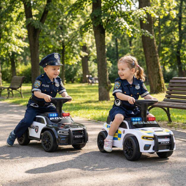 Politsei pealesõiduauto väikelastele, vilkuvate tulede, muusika ja sireeniga, valge