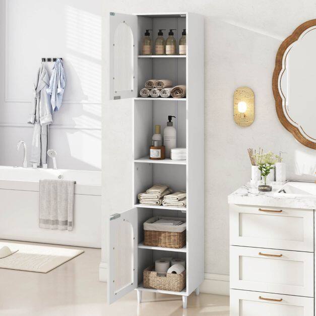 Tall Bathroom Cabinet with 2 Fluted Glass Doors, Slim Freestanding Cabinet with Adjustable Shelves for Kitchen White Tall Bathroom Cabinet with 2 Fluted Glass Doors, Slim Freestanding Cabinet with Adjustable Shelves for Kitchen White