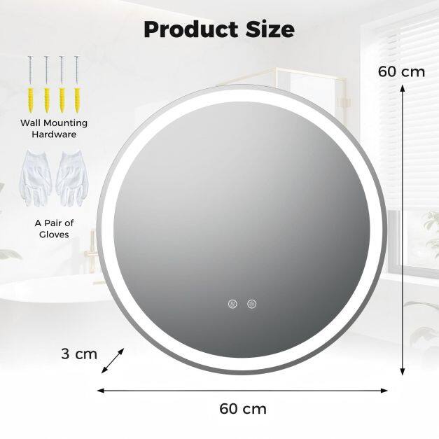 60 cm ümmargune LED-valgustusega vannitoapeegel reguleeritava heledusega, hõbedane
