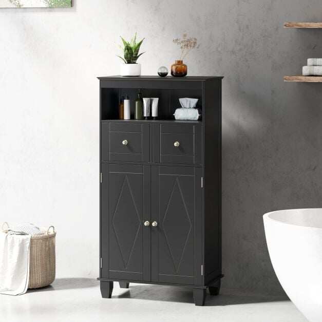 Freestanding Floor Cabinet Organizer with Doors, Black Solid Wood Floor Cabinet with Drawers