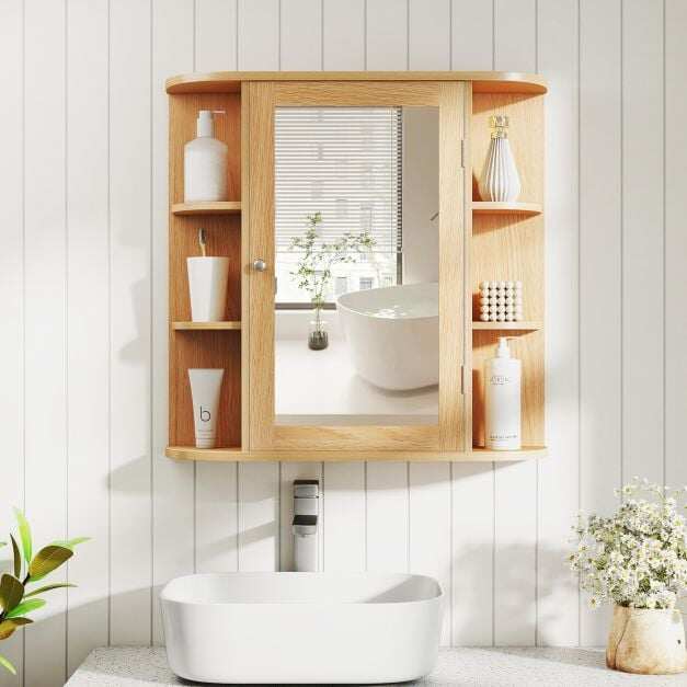 Wall-mounted bathroom cabinet with 1 mirrored door and 4 shelves, 6 external shelves in MDF, 66×16.5x60cm, Natural Wall-mounted bathroom cabinet with 1 mirrored door and 4 shelves, 6 external shelves in MDF, 66×16.5x60cm, Natural