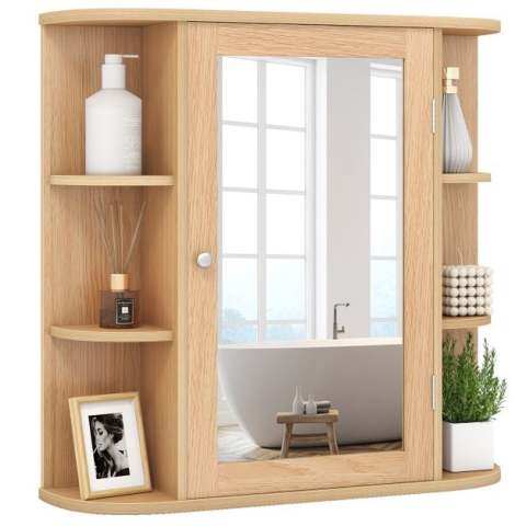 Seinale kinnitatav vannitoakapp 1 peegeluku ja 4 riiuliga, 6 välisriiulit MDF-ist, 66x16,5x60cm, naturaalne