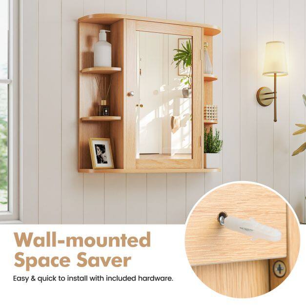 Seinale kinnitatav vannitoakapp 1 peegeluku ja 4 riiuliga, 6 välisriiulit MDF-ist, 66x16,5x60cm, naturaalne