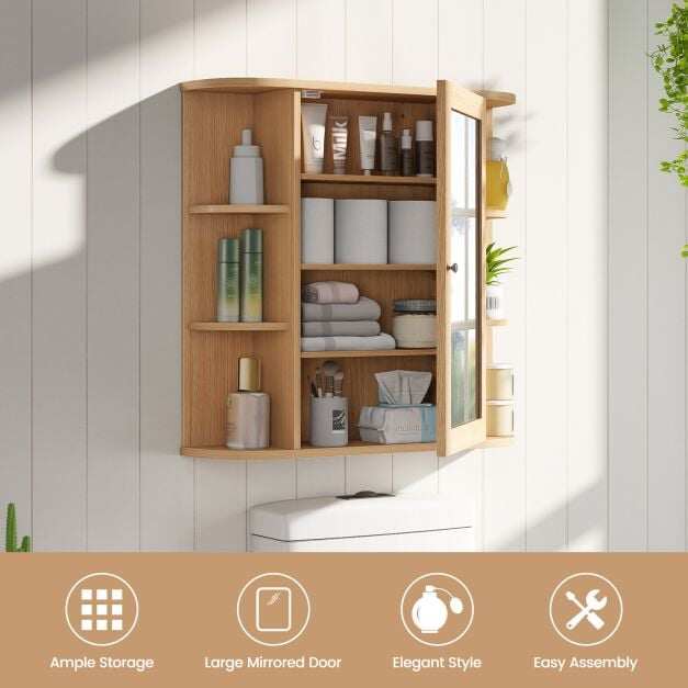 Seinale kinnitatav vannitoakapp 1 peegeluku ja 4 riiuliga, 6 välisriiulit MDF-ist, 66x16,5x60cm, naturaalne