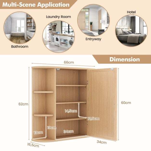 Seinale kinnitatav vannitoakapp 1 peegeluku ja 4 riiuliga, 6 välisriiulit MDF-ist, 66x16,5x60cm, naturaalne