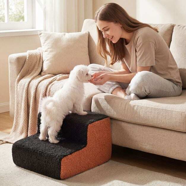 2-tier Foam Dog Ramp with Non-Slip Bottom and Washable Cover for Sofa-Black