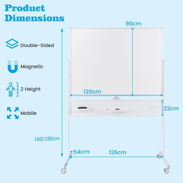 120 x 90 cm kahepoolne kuivkustutatav mobiilne tahvel alusega – valge
