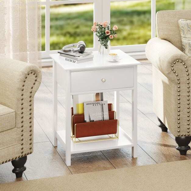 Wooden Bedside Table with Drawer Sofa Table with Open Shelf Mid-Century Style Multifunctional Side Table White