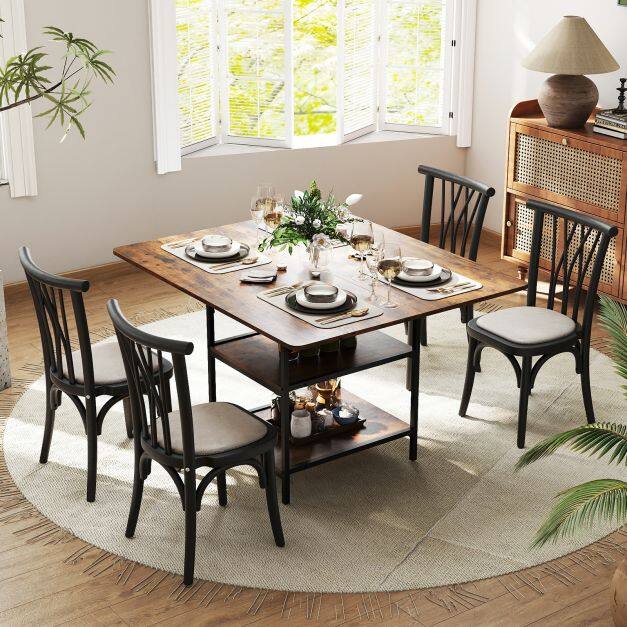 120 cm Rectangular Kitchen Table with 2-tier Storage Shelves and Metal Legs-Rustic Brown