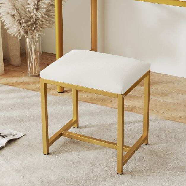 Small Makeup Chair with Soft Padded Cushion and Golden Metal Legs-White & Golden