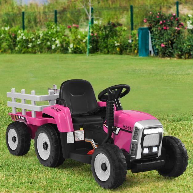 12V Kids Ride On Tractor with Trailer Music and LED Lights-Pink 12V Kids Ride On Tractor with Trailer Music and LED Lights-Pink