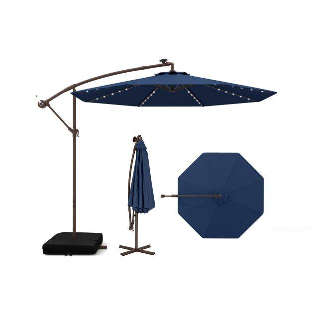 300 cm rippuv nihkega vihmavari 40 LED-tulega, päikesepaneelide ja patareidega - tumesinine