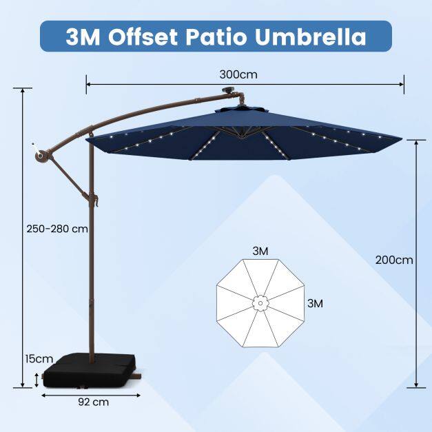 300 cm rippuv nihkega vihmavari 40 LED-tulega, päikesepaneelide ja patareidega - tumesinine