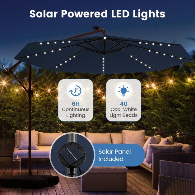 300 cm rippuv nihkega vihmavari 40 LED-tulega, päikesepaneelide ja patareidega - tumesinine