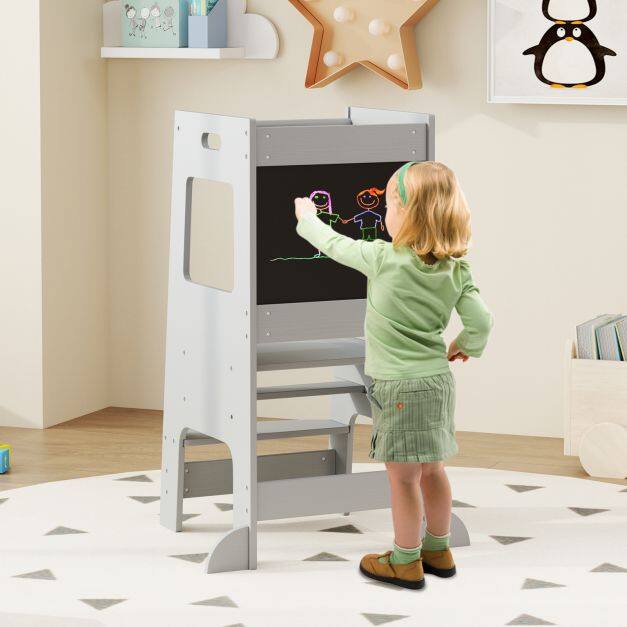 Toddler Kitchen Step Stool with Activity Chalkboard and Adjustable Height-Grey Toddler Kitchen Step Stool with Activity Chalkboard and Adjustable Height-Grey