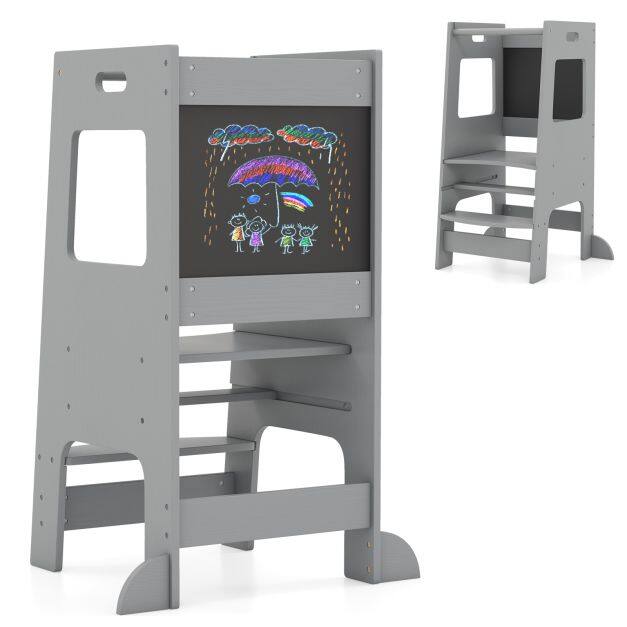 Costway Toddler Kitchen Step Stool with Activity Chalkboard and Adjustable Height-Grey