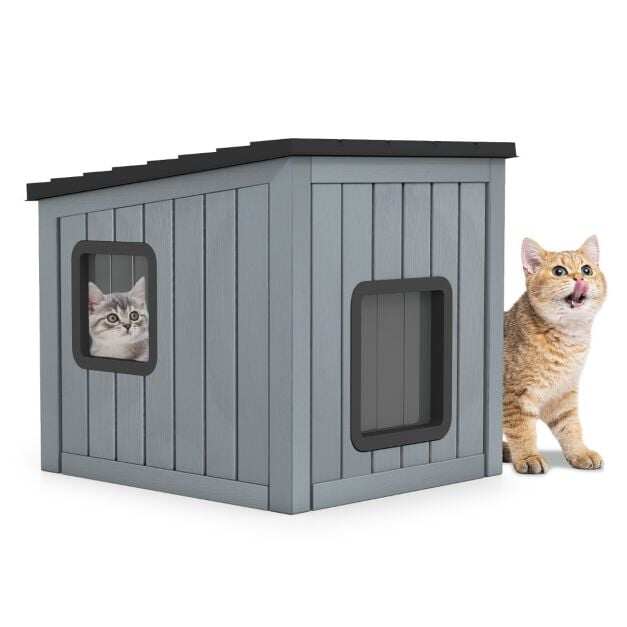 Costway Weatherproof plastic cat house wild animal shelter with 2 PVC doors & sloping roof Costway Weatherproof plastic cat house wild animal shelter with 2 PVC doors & sloping roof
