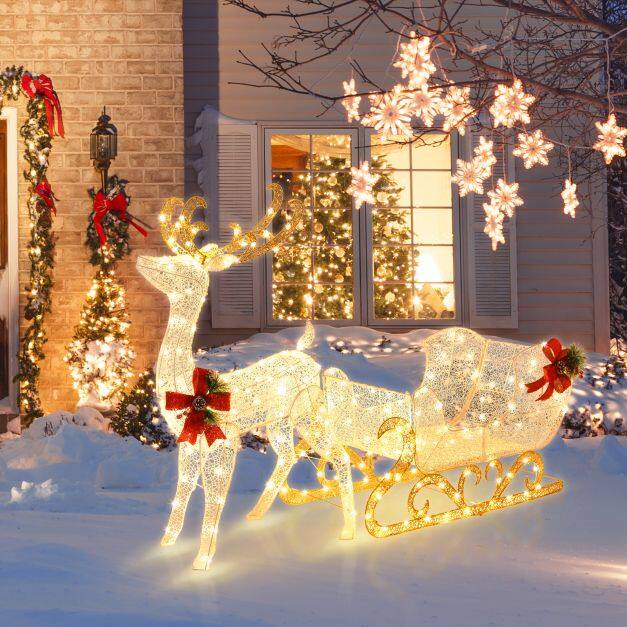 Pre-lit Christmas Reindeer and Santa’s Sleig with 215 Warm White Bulbs Pre-lit Christmas Reindeer and Santa’s Sleig with 215 Warm White Bulbs