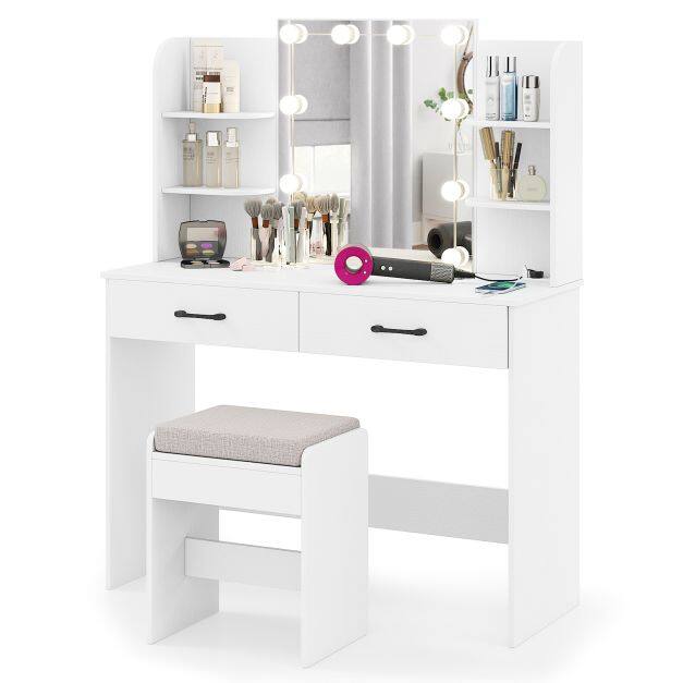 Costway Vanity Set with 3-Color Lighting and Adjustable Brightness-White