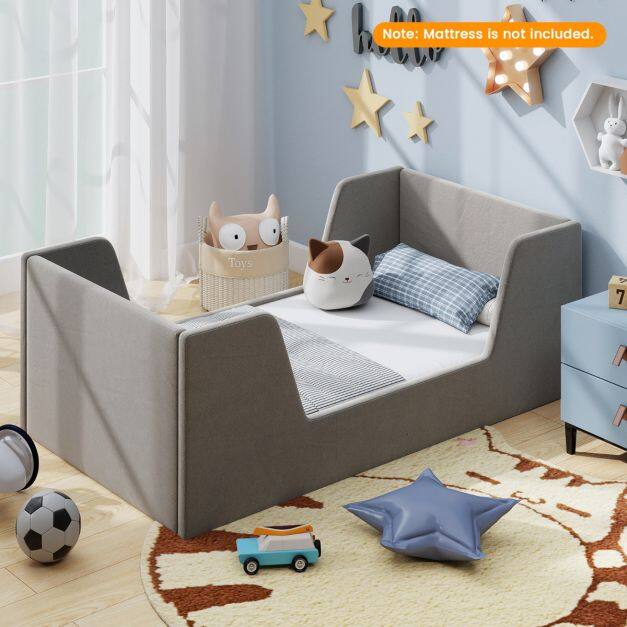 Soft Velvet Fabric Upholstered Children Floor Bed Frame-Grey