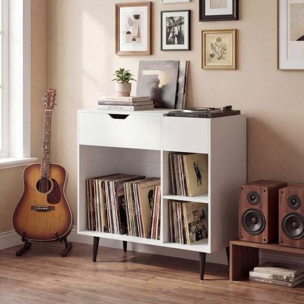 Record Player Stand with Built-In Power Strip and 3 Dividers-White