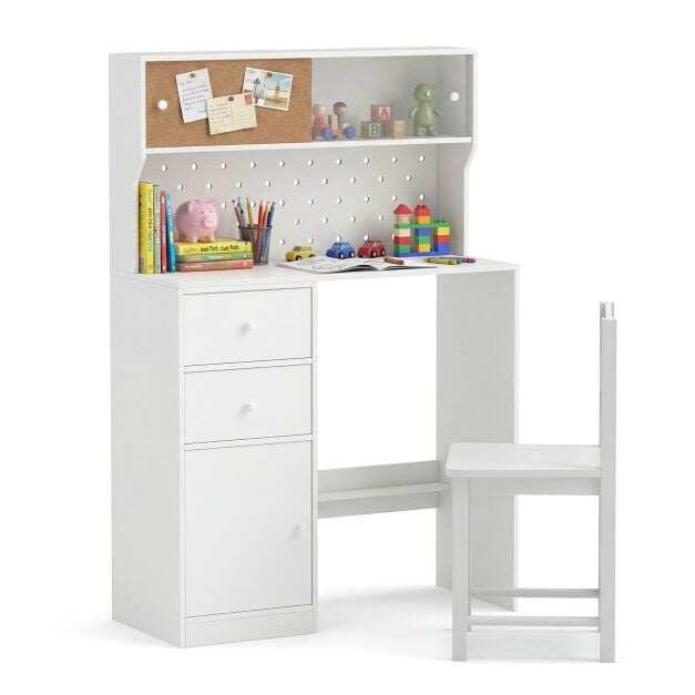 Costway Wooden Kids Study Desk and Chair Set with 2 Cabinets and Drawers-White