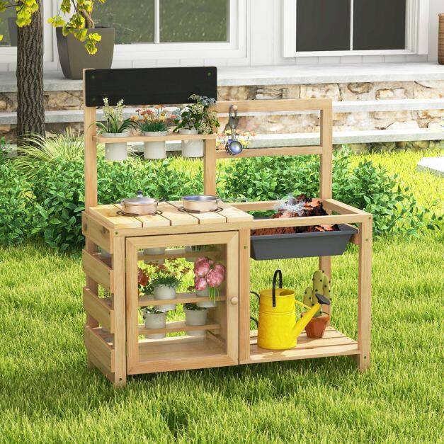 Patio Wooden Pretend Play Kitchen with Plants Observation Room for Kids Outdoor-Natural Patio Wooden Pretend Play Kitchen with Plants Observation Room for Kids Outdoor-Natural