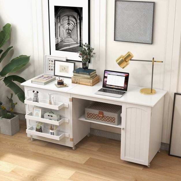 Kokkupandav õmbluslaud õmbluskapp mitmekülgne käsitöölaud mitmekülgne käsitöölaud 158 x 50 x 75 cm valge