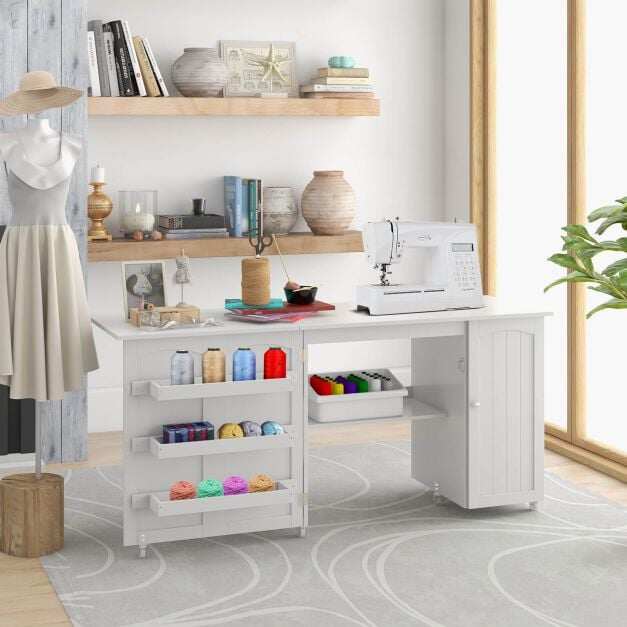 Kokkupandav õmbluslaud õmbluskapp mitmekülgne käsitöölaud mitmekülgne käsitöölaud 158 x 50 x 75 cm valge