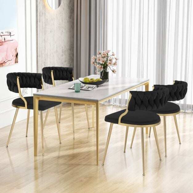 Costway Set of 4 Velvet Dining Chair with Metal Legs and Woven Back-Black Costway Set of 4 Velvet Dining Chair with Metal Legs and Woven Back-Black