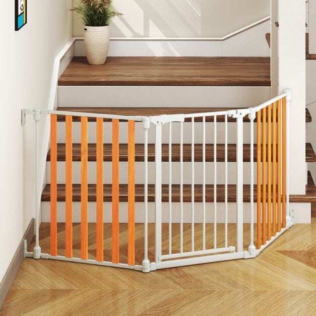 195 CM Extra Wide Configurable Baby Gate 3-Panel Indoor Wood Metal Pet Gate-Natural&White 195 CM Extra Wide Configurable Baby Gate 3-Panel Indoor Wood Metal Pet Gate-Natural&White