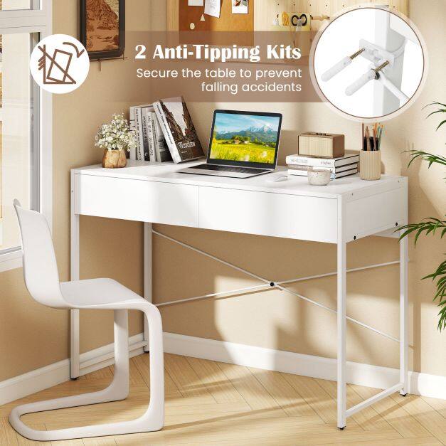 Arvutilaud kahe sahtliga, tualettlaud vastupidava metallraamiga - valge