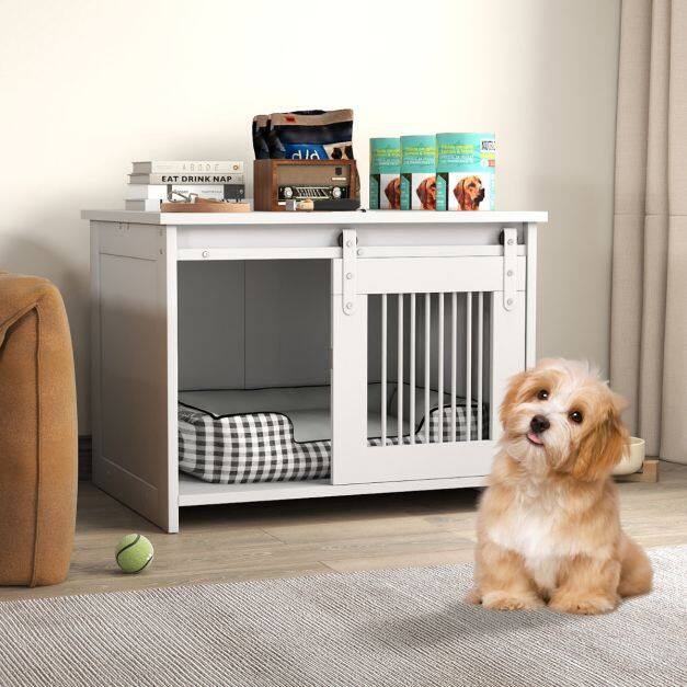 Wooden dog kennel with large upper floor and sliding door, Small modern dog kennel in white