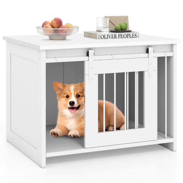 Costway Wooden dog kennel with large upper floor and sliding door, Small modern dog kennel in white Costway Wooden dog kennel with large upper floor and sliding door, Small modern dog kennel in white