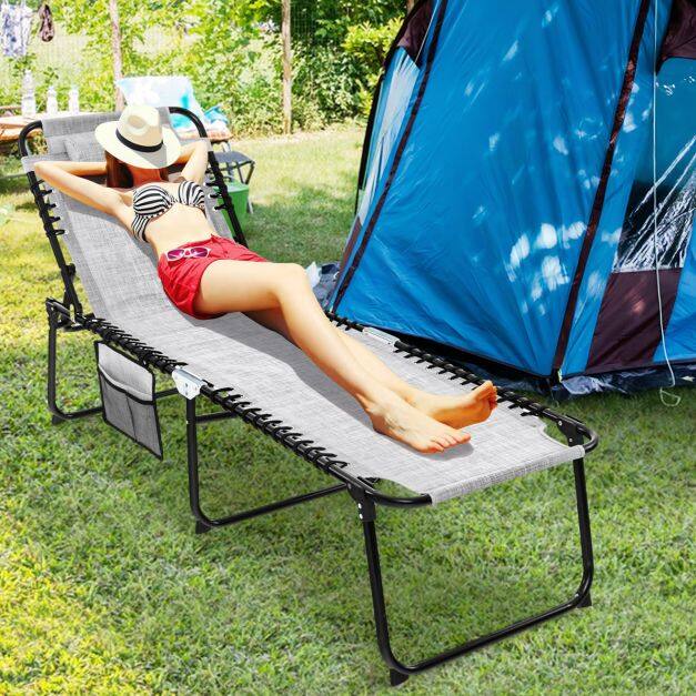 Sun lounger with headrest and side pocket, foldable garden lounger with adjustable backrest, grey