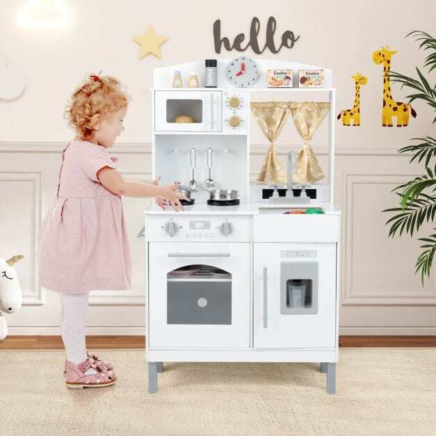 Wooden Play Kitchen for Kids with 3 Adjustable Heights with Stoves and Ice Maker-White