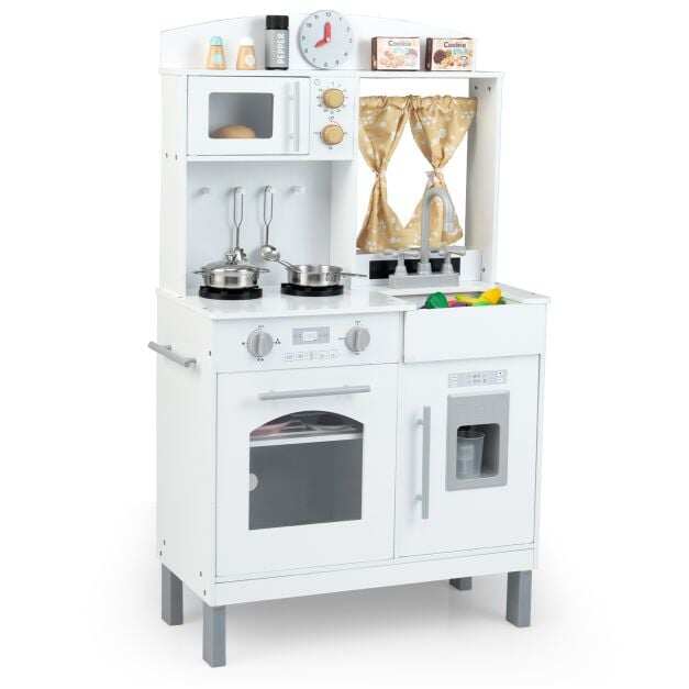Costway Wooden Play Kitchen for Kids with 3 Adjustable Heights with Stoves and Ice Maker-White