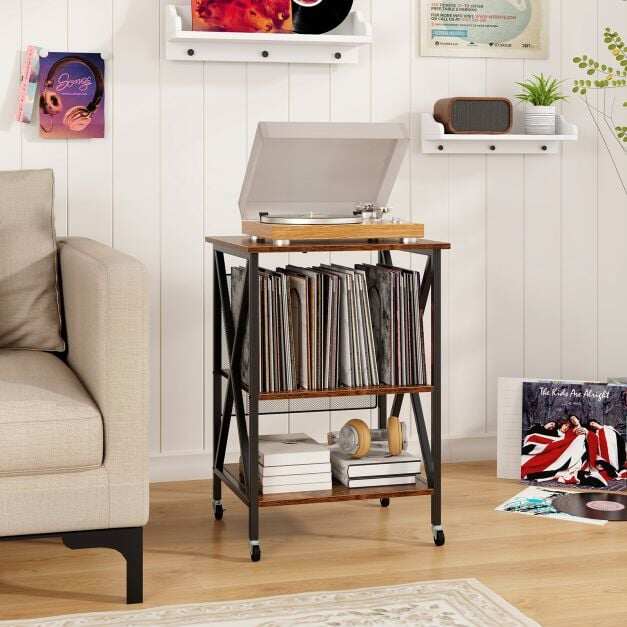 Turntable Record Player Stand with Builtin Charging Station and Divider-Rustic Brown