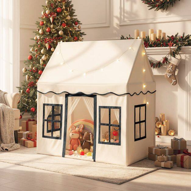 Play Tent with Star String Lights, Indoor Children's Playhouse with Non-Slip Mat for 3-4 Children Ages 3-10, Beige