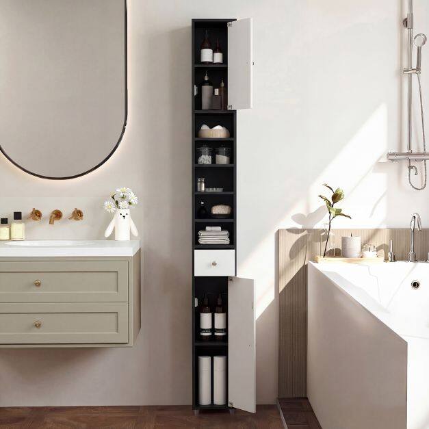 180CM Tall Freestanding Bathroom Cabinet with 2 Doors and 1 Drawer-Black and White 180CM Tall Freestanding Bathroom Cabinet with 2 Doors and 1 Drawer-Black and White