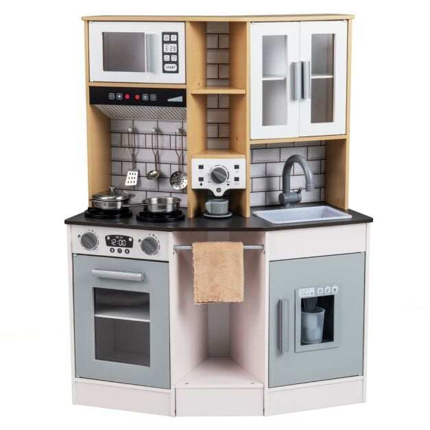 Costway Wooden Kitchen Playset with Sound and Light for Boys Girls-Gray & White