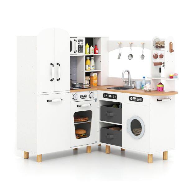 Costway Wooden Corner Play Kitchen with Pine Wood Legs and Lights & Sounds-White