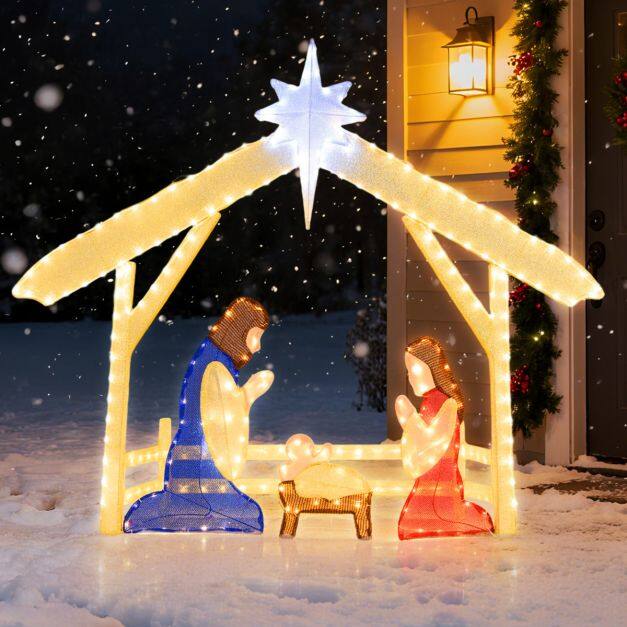 Pre-lit Christmas Holy Family Set with 272 Warm and Cold White LED Lights Pre-lit Christmas Holy Family Set with 272 Warm and Cold White LED Lights