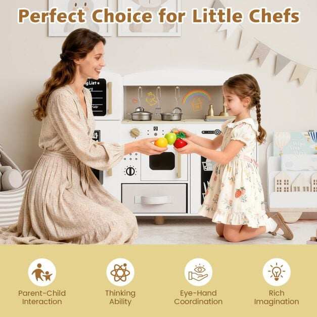 Costway Wooden Kids Play Kitchen with Ice Maker and Fabric Drawer-White