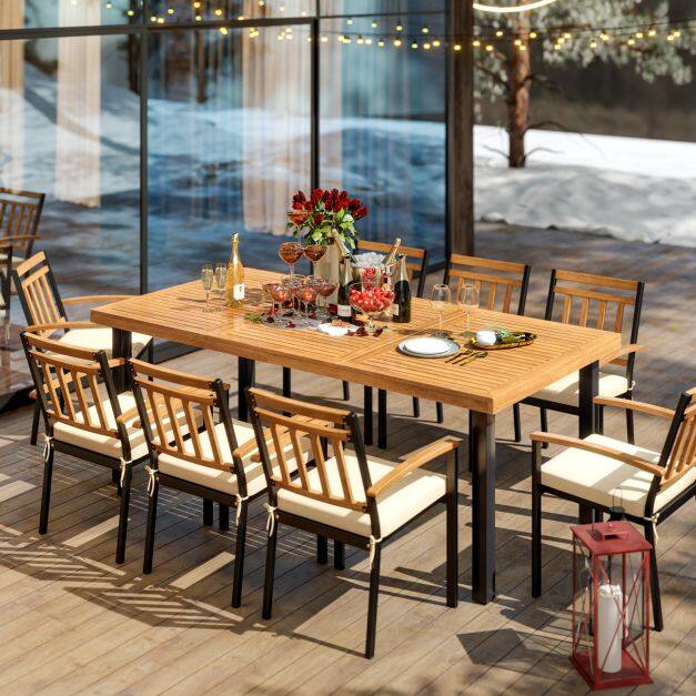 200 x 100 cm suur terrassilaud akaatsiapuidust lauaplaadi ja vastupidavate metalljalgadega