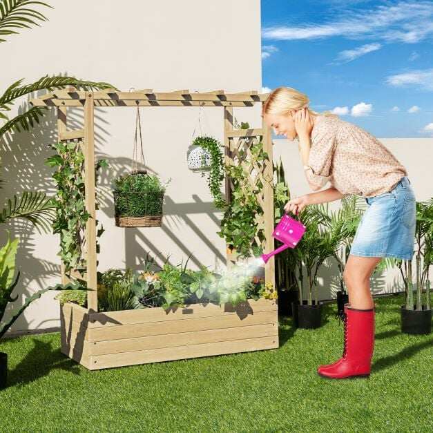 Lillekast külgvõre ja rippkatusega, eelõlitatud kuusepuidust, 110 x 44 x 113,5 cm, lillekast drenaažiavaga, naturaalne