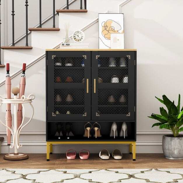 Wooden shoe cabinet with adjustable shelves and metal legs, 5-shelf shoe cabinet with black mesh doors Wooden shoe cabinet with adjustable shelves and metal legs, 5-shelf shoe cabinet with black mesh doors
