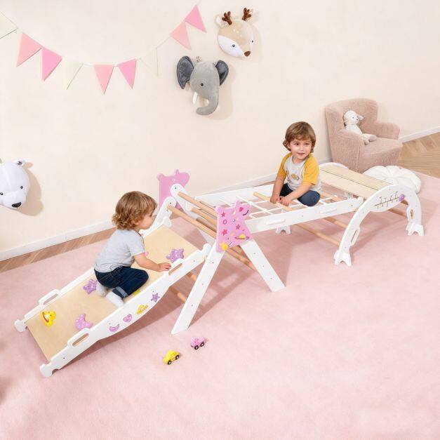 Triangle Baby Climbing Toys, Foldable Wooden Montessori Climbing Set, Indoor Play Area with Arch and Ramp, White Triangle Baby Climbing Toys, Foldable Wooden Montessori Climbing Set, Indoor Play Area with Arch and Ramp, White